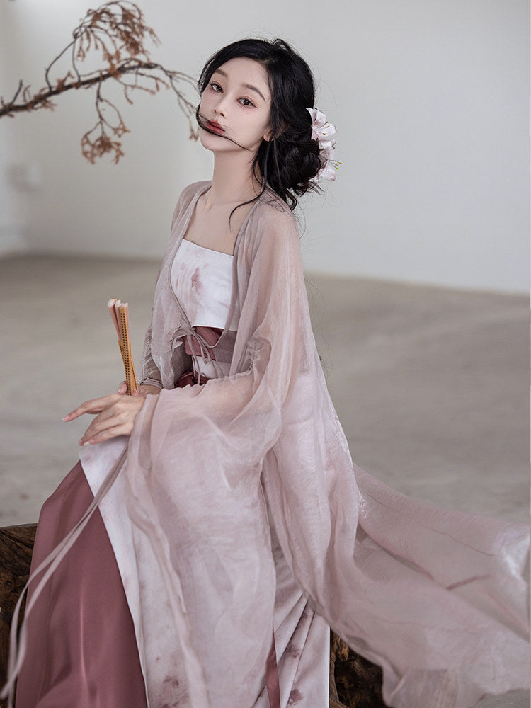 Song Dynasty Modern Hanfu Fairy Cardigan and Spiral Skirt - Rouge Snow 胭脂雪 (Preorder)