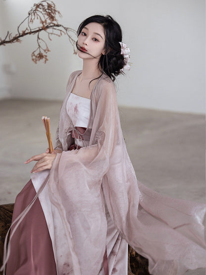 Song Dynasty Modern Hanfu Fairy Cardigan and Spiral Skirt - Rouge Snow 胭脂雪 (Preorder)