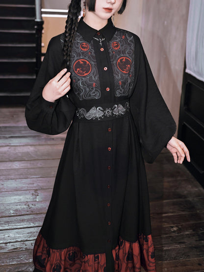New Chinese Style Printed Dress with Embroidered Waist Seal - Golden Crow 金乌