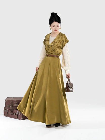 Tang Dynasty Modern Hanfu Set with Beizi Overlay & Flowing Eight-Panel Skirt - Twilight Harbor 暮港 (Preorder)