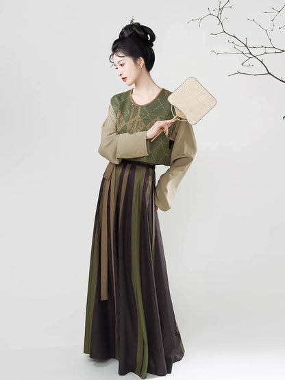 Tang Dynasty Modern Hanfu Set with Beizi Overlay & Flowing Eight-Panel Skirt - Twilight Returns 暮晚归 (Preorder)