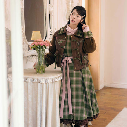 New Chinese Style Plaid Vintage Jacket with Dress - Honey Four Leaf Clover 蜂蜜四叶草