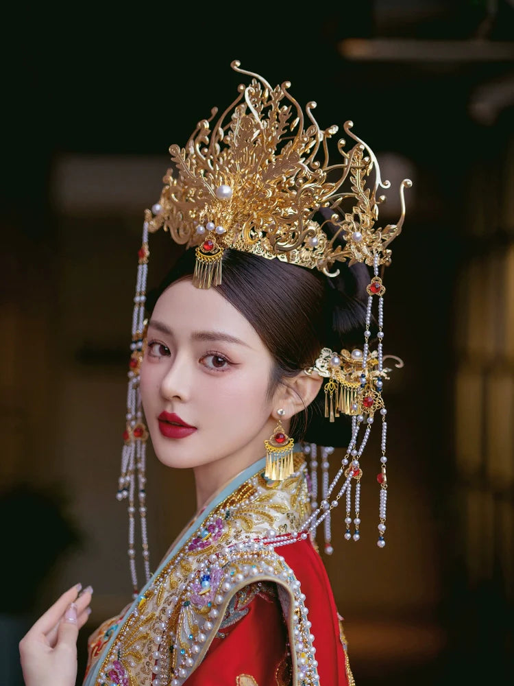Song of the Golden Phoenix - Crown Bridal Headpiece Long Tassel Chinese Wedding Hair Accessories for Hanfu Bride