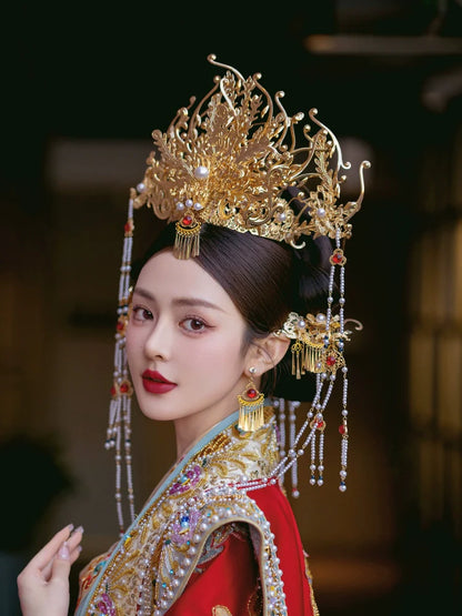 Song of the Golden Phoenix - Crown Bridal Headpiece Long Tassel Chinese Wedding Hair Accessories for Hanfu Bride