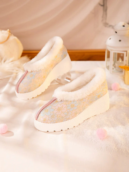 Mila - Furry Brocade Hanfu Shoes for Winter