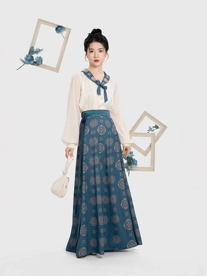 Tang Dynasty Modern Hanfu Set with Beizi Overlay & Flowing Nine-Panel Skirt - Dailan 黛蓝 (Preorder)