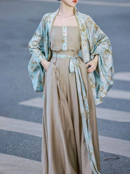 Modern Hanfu Outfit Retro Commuting Set with Cardigan, Camisole & Song-Style Pants - Huaqing 花青 (Preorder)