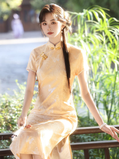 Short Sleeve Butterflies Midi Cheongsam | Soft Glow
