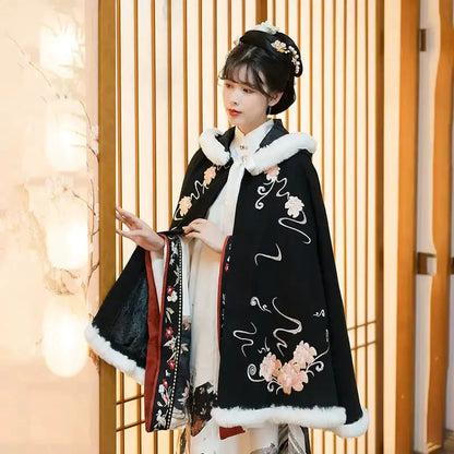 Flowers - Plus-size Hooded Fleece Cloak for Hanfu
