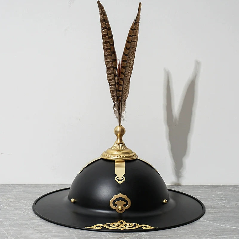 Feather Ming Dynasty flying saucer armor helmet — front view