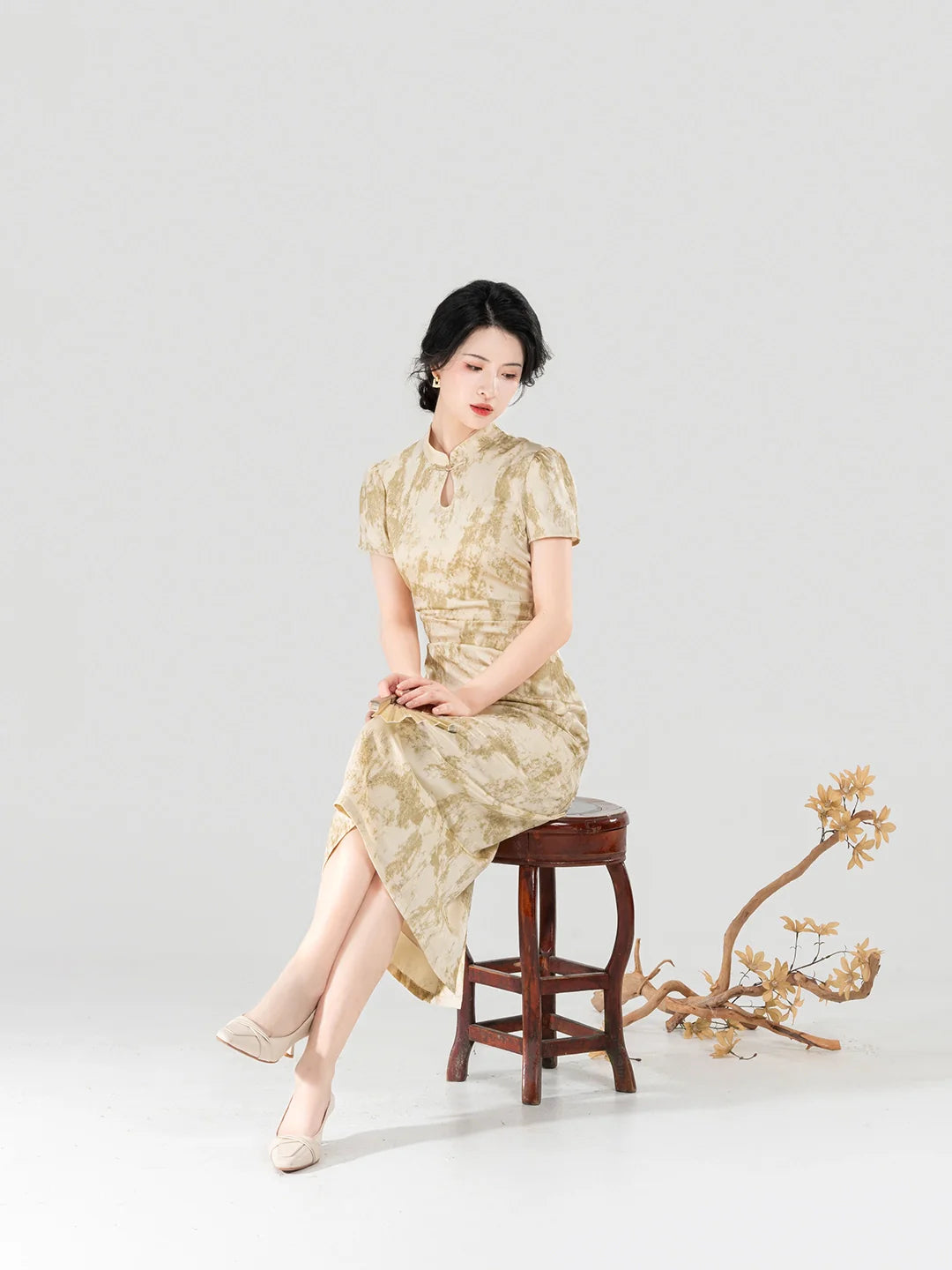 New Chinese Style Short Sleeve Qipao Summer Dress - Apricot Branch 杏枝 (Preorder)