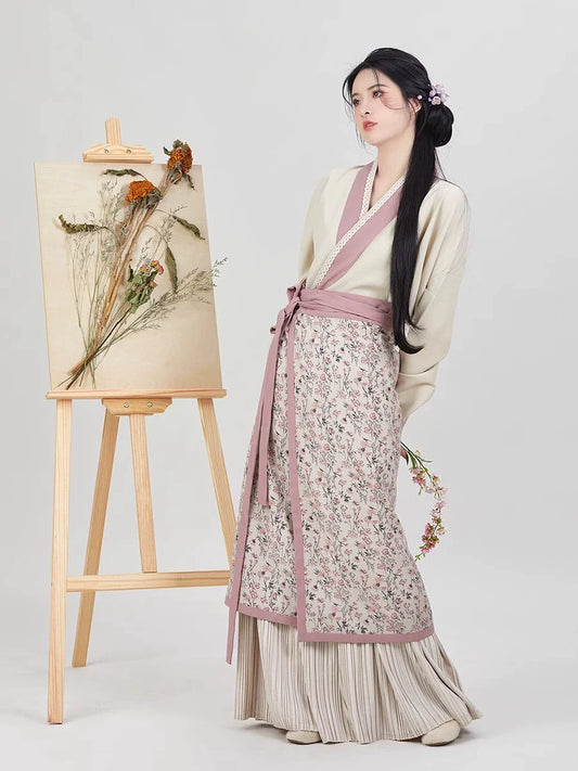 Song Dynasty Modern Hanfu Set with Winged Sleeve Top and Spiral Skirt - Begonia 海棠 (Preorder)