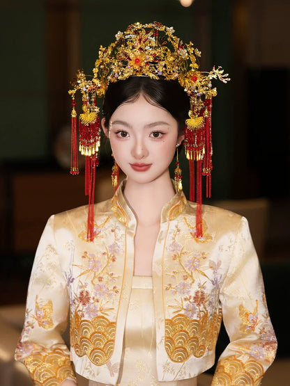 Golden Phoenix Grace - Luxury Phoenix Crown Bridal Headpiece Red Tassel and Gold Flower Chinese Wedding Hair Accessories for Xiuhe Dress