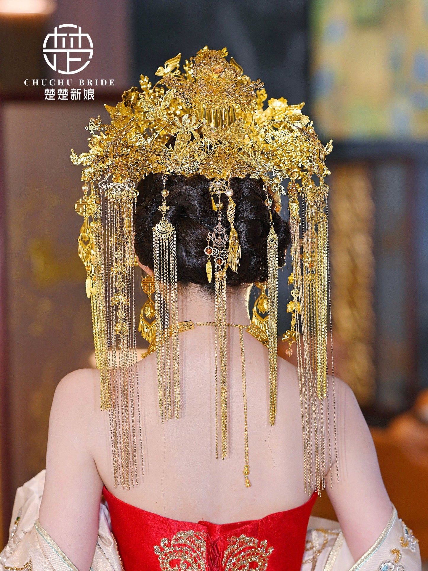 Champagne Empress - Luxurious Gold Phoenix Bridal Crown Full Headpiece for Hanfu Wedding Outfit
