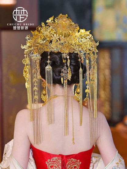 Champagne Empress - Luxurious Gold Phoenix Bridal Crown Full Headpiece for Hanfu Wedding Outfit
