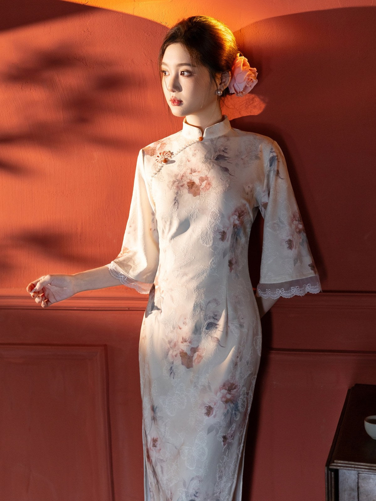 Mid Sleeve Floral Relaxed Cut Cheongsam | Pearl Pavilion