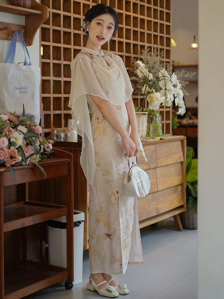 Halter Neck Long Cheongsam with Shawl | Jinzhu