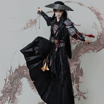Burning Night 焚夜 - Red and Black Cross-Collar Hanfu Set, Wuxia Style Warrior Robe with Literary & Martial Sleeves (Preorder)