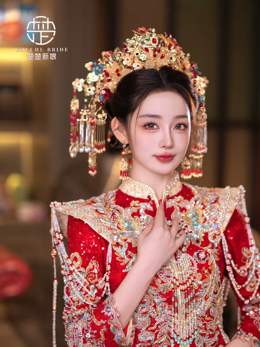 Crimson Majesty - Hanfu Crown Gold Red Luxury Bridal Phoenix Tiara for Xiuhe & Palace Hanfu Wedding Headpiece