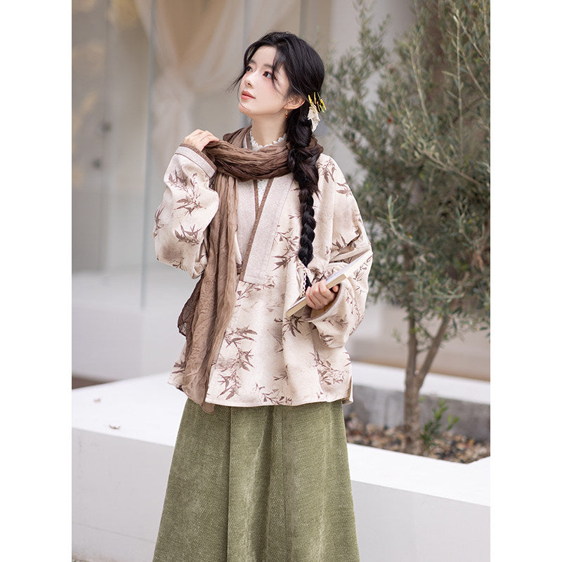 Ming Dynasty Modern Hanfu Winged Sleeve Top with Elastic Skirt - Oz Brown 绿野仙棕 (Preorder)