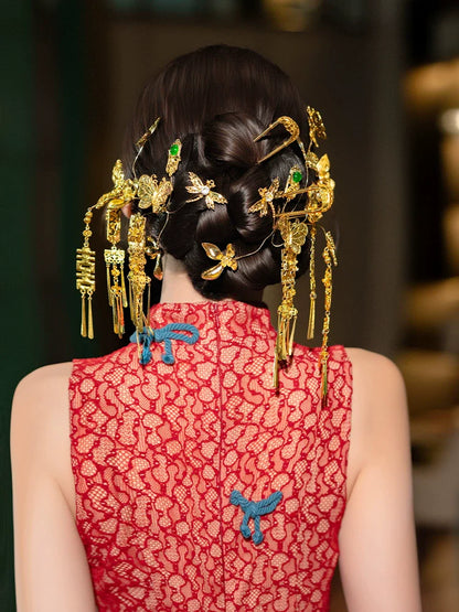 Double Happiness - Chinese Wedding Hair Accessory Set Golden Butterfly Tassel Hairpins for Xiuhe and Qipao Bride