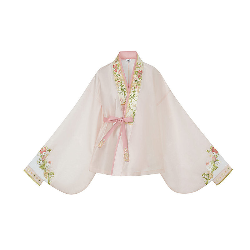 Ming Dynasty Spring Hanfu Set with Pink Mamian Skirt for Women | Peach Blossoms of Antiquity 博古桃花