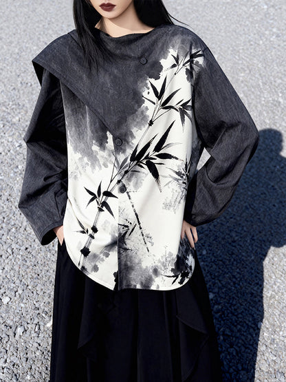 New Chinese Style Black and White Bamboo Prints Long Sleeve Top - Zhuye 竹叶