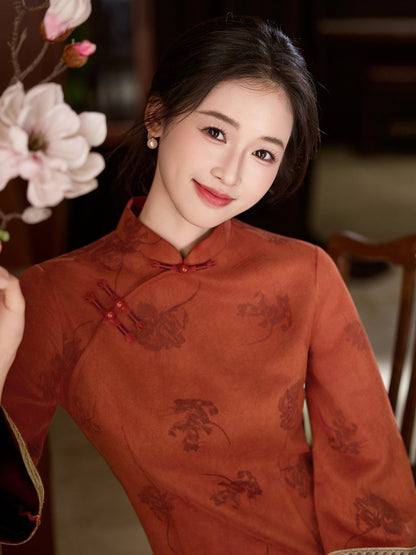Patterned Long Sleeve Crimson Cheongsam | Vermilion Bird