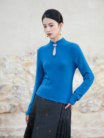New Chinese Style Knitted Top in Blue - Wind Bamboo
