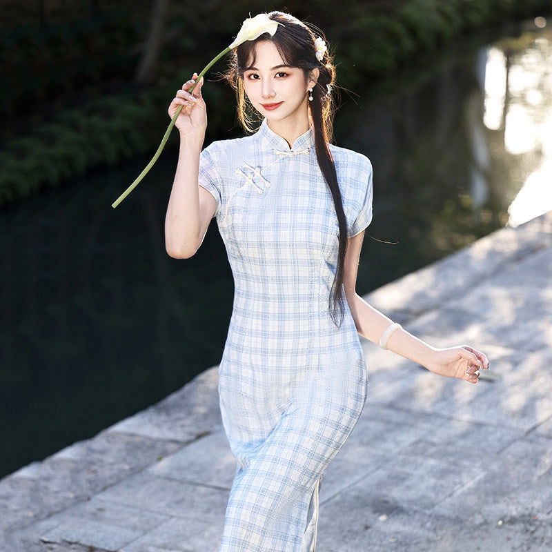 Short Sleeve Checkered Midi Cheongsam | Literature