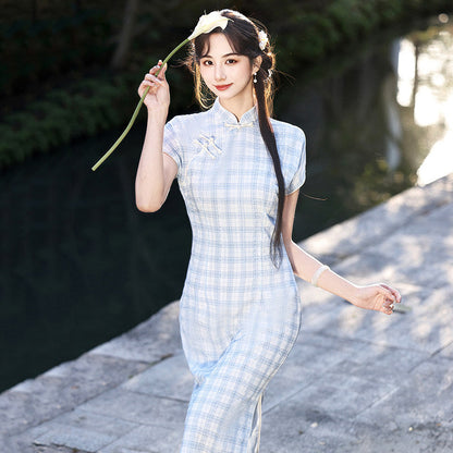 Short Sleeve Checkered Midi Cheongsam | Literature