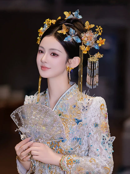 Enchanted Lotus Bloom - Blue and Gold Floral Tassel Bridal Hairpin Fairy-Style Chinese Wedding Accessories