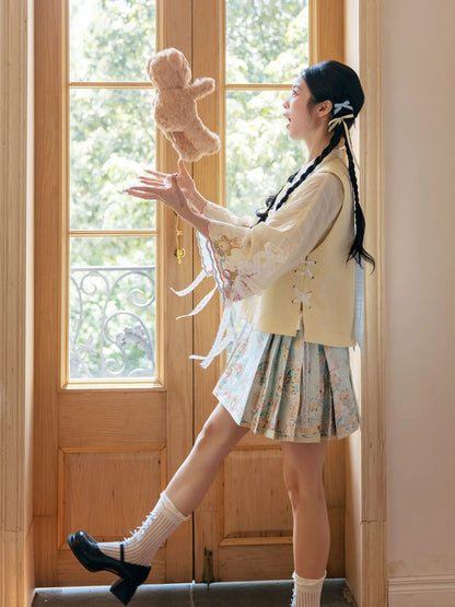 New Chinese Style Long Sleeve Top and Vest with Skirt or Wide Leg Pants - Butter 黄油可露丽