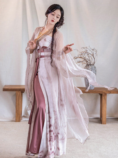 Song Dynasty Modern Hanfu Fairy Cardigan and Spiral Skirt - Rouge Snow 胭脂雪 (Preorder)