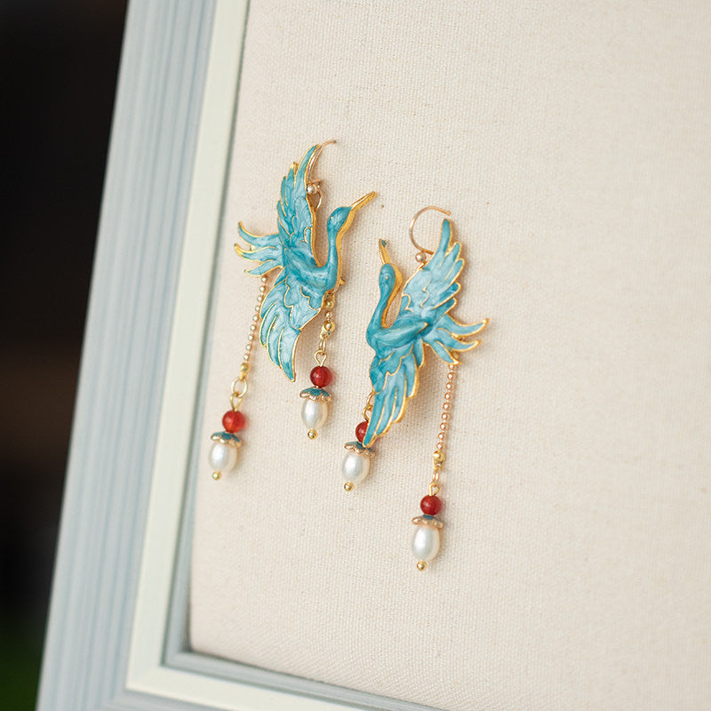 Crane Pearls Antique Earrings | Hanfu Jewelry