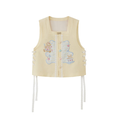 New Chinese Style Long Sleeve Top and Vest with Skirt or Wide Leg Pants - Butter 黄油可露丽