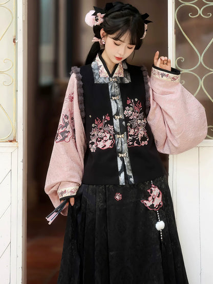 Painted Grace 粉墨千金 - Modern Hanfu Set with Cross-Collar Top, Vest, and Mamian Skirt, Daily New Chinese Style Outfit (Preorder)