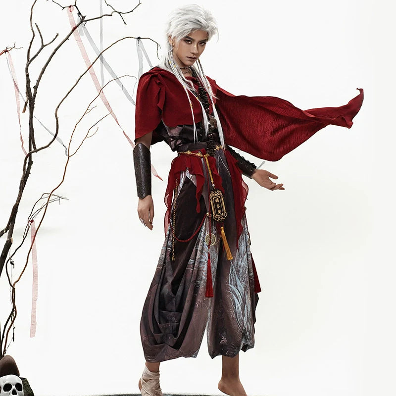 Crimson Feather 赤翎 - Hooded Sleeveless Hanfu Set with Cloak and Pants, Summer Martial Wanderer Outfit (Preorder)