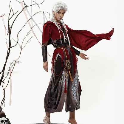 Crimson Feather 赤翎 - Hooded Sleeveless Hanfu Set with Cloak and Pants, Summer Martial Wanderer Outfit (Preorder)