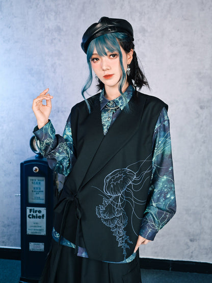 New Chinese Style Asymmetrical Layered Vest - Floating Electric Jellyfish 蓝界浮荧