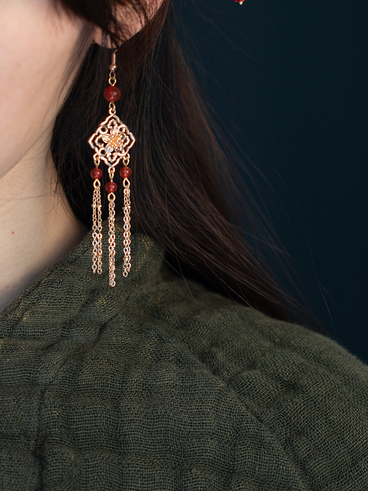 Red Onyx Tassel Antique Earrings | Hanfu Jewelry