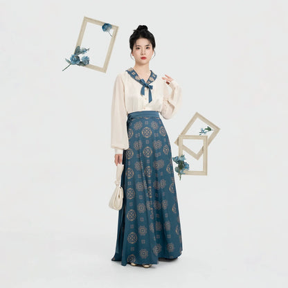 Tang Dynasty Modern Hanfu Set with Beizi Overlay & Flowing Nine-Panel Skirt - Dailan 黛蓝 (Preorder)