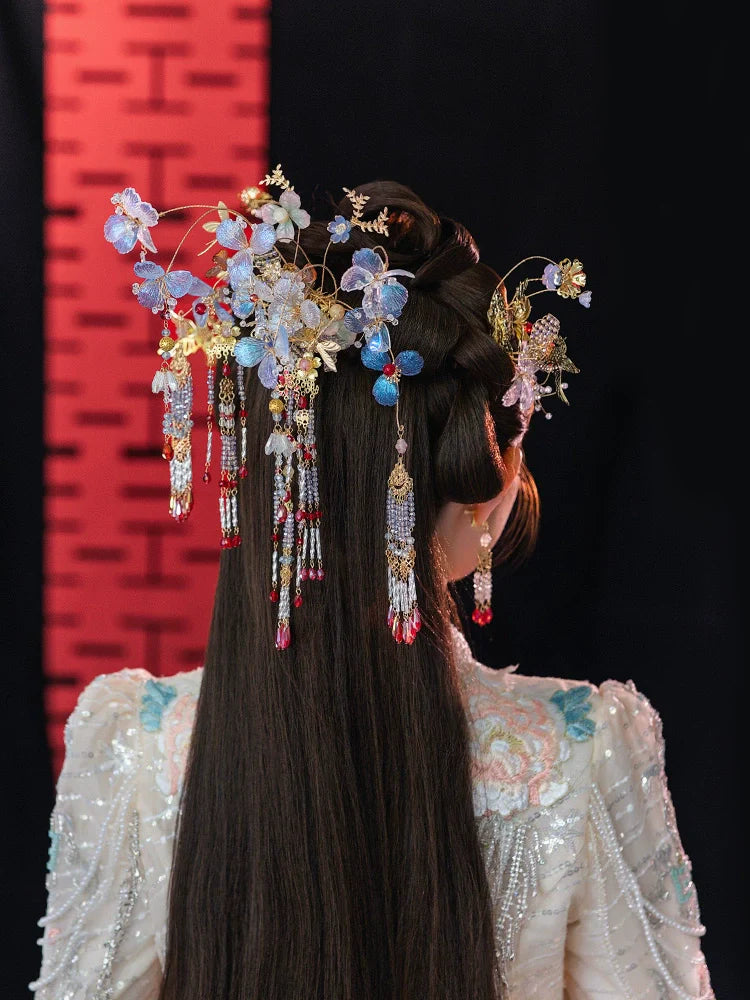Crystal Butterfly Mist - Light Floral Bridal Hairpin Tassel Chinese Wedding Headpiece for Hanfu and Xiuhe Bride