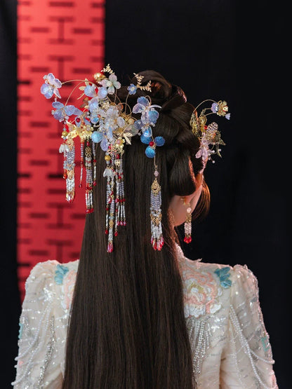 Crystal Butterfly Mist - Light Floral Bridal Hairpin Tassel Chinese Wedding Headpiece for Hanfu and Xiuhe Bride