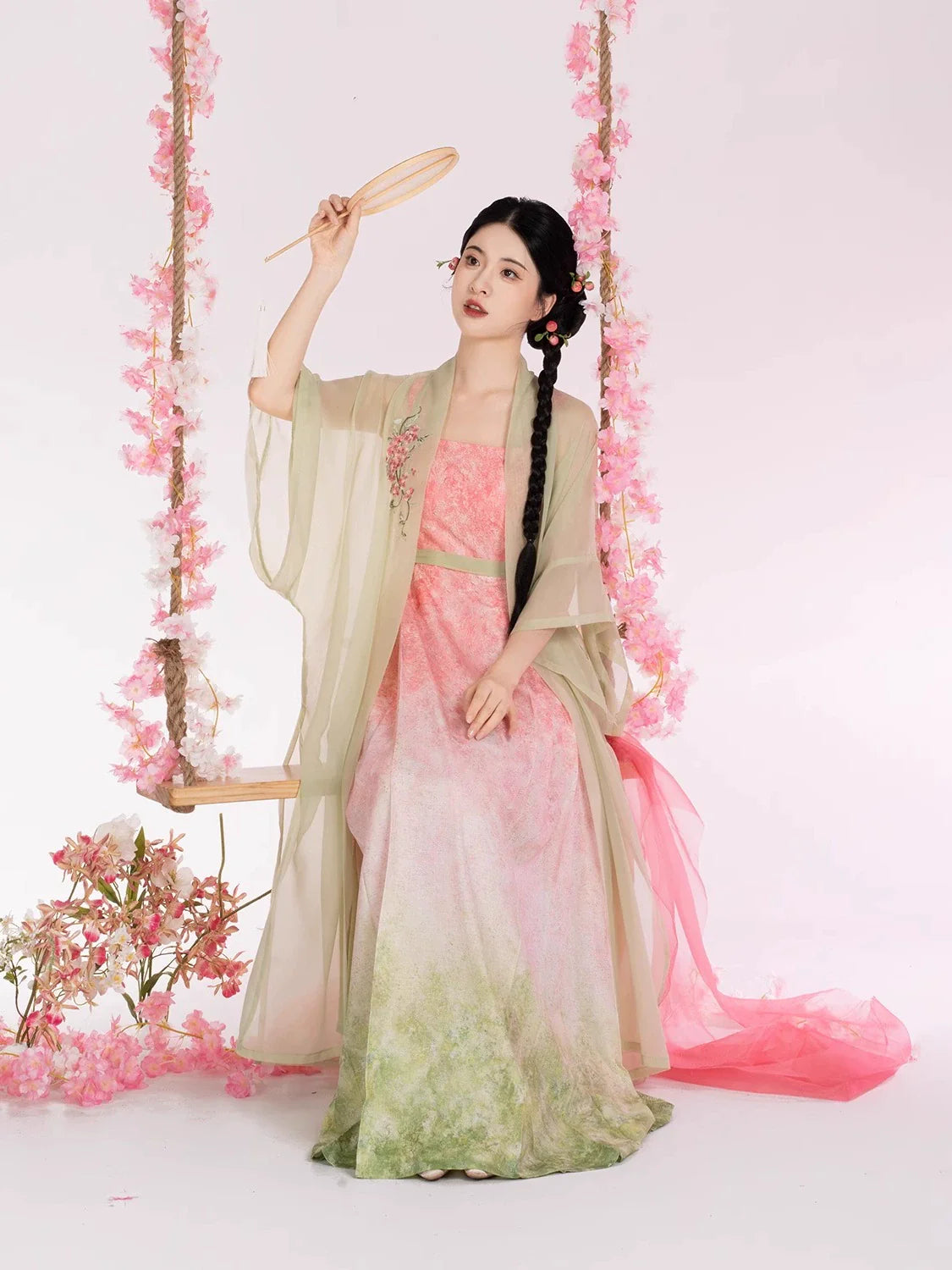 Song Dynasty Modern Hanfu Set with Changgan Temple Beizi and Mamian Slip Dress - Peach Willow Branch 桃柳枝 (Preorder)
