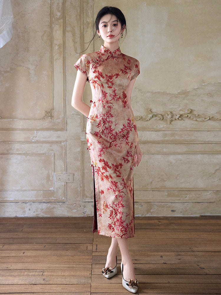Short Sleeve Floral Midi Cheongsam | Mid Autumn