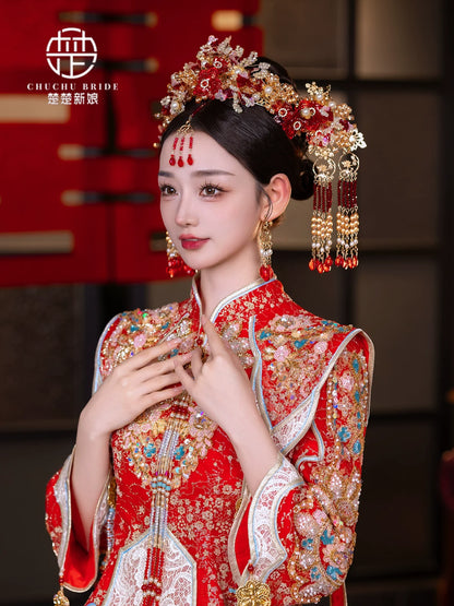 Scarlet Bloom Glory - Red Gold Phoenix Bridal Crown with Forehead Tassel for Luxurious Wedding Headpiece