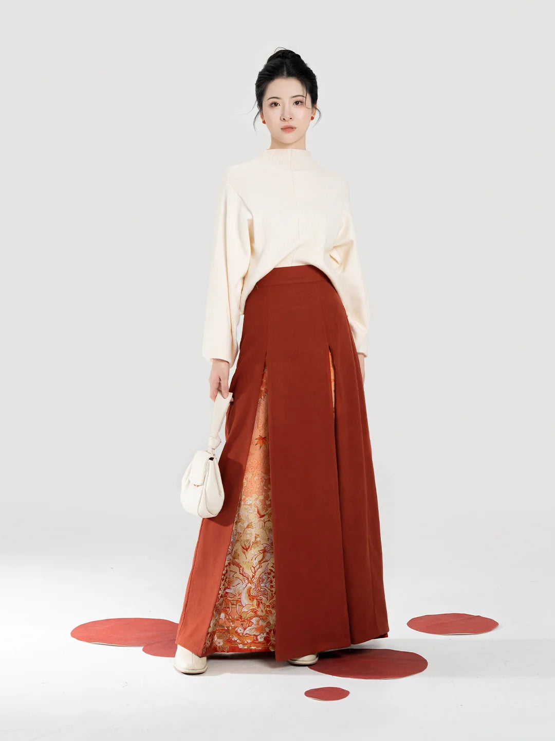 New Chinese Style Women Knit Top & Three Pleat Skirt Set - Maple Orange 枫橘 (Preorder)