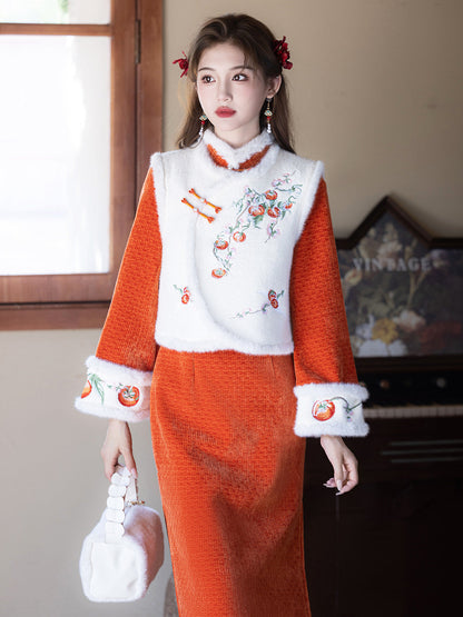 Long Sleeve Fur Trim Qipao and Vest | Persimmons