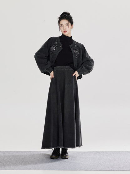 Yan Gui | New Chinese Style Retro Washed Denim Jacket and Skirt Set